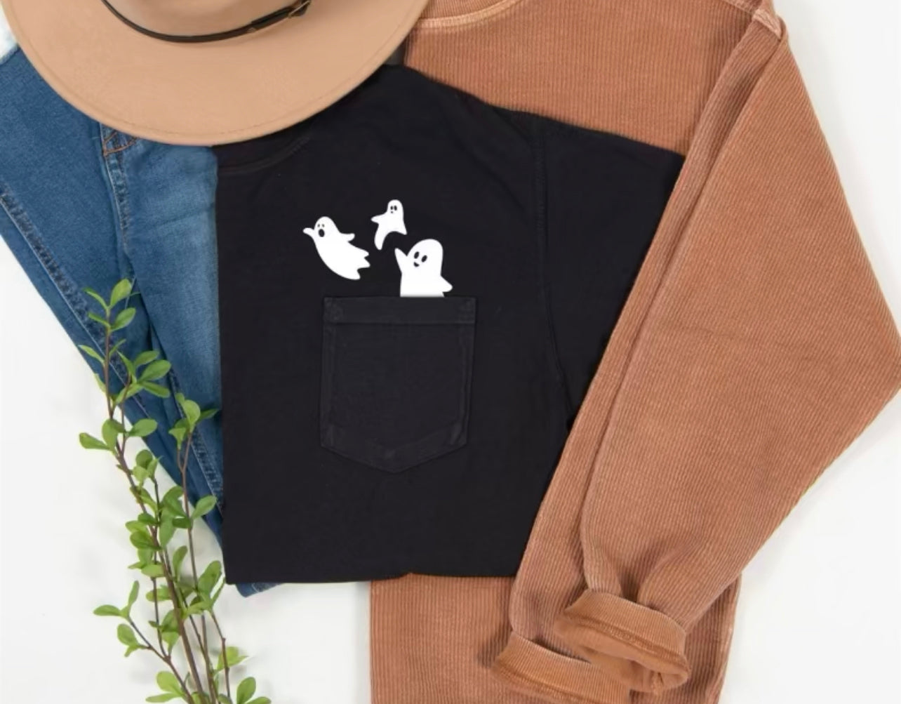 Ghost pocket tee| Halloween shirt| Fall vibes shirt| Fall shirt| Pumpkin shirts| Fall life shirt| Halloween tee
