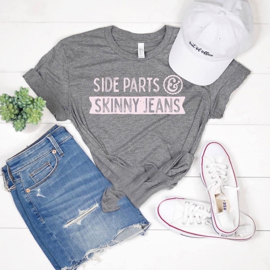 Side parts and skinny jeans