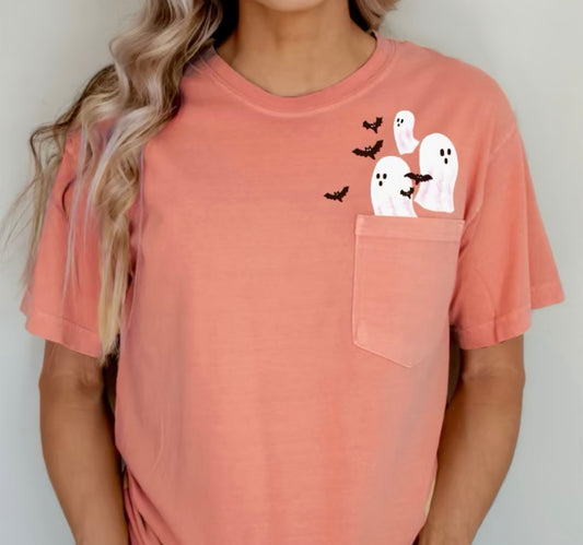 Ghost pocket tee| Halloween shirt| Fall vibes shirt| Fall shirt| Pumpkin shirts| Fall life shirt| Halloween tee