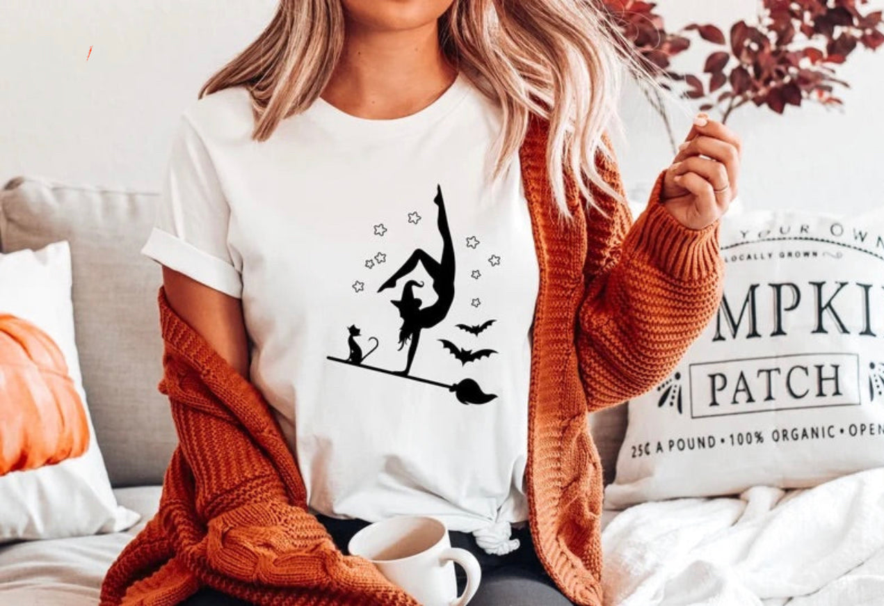 Gymnast on Broomstick shirt| Gymnastics halloween shirt| gymnast halloween shirt| gymnast shirt