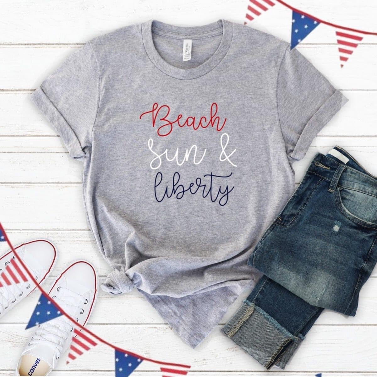 America shirt, beach sun and liberty shirt, 4th of July shirt, patriotic shirt, red white and blue tee, beach shirt, vacation shirt, gift