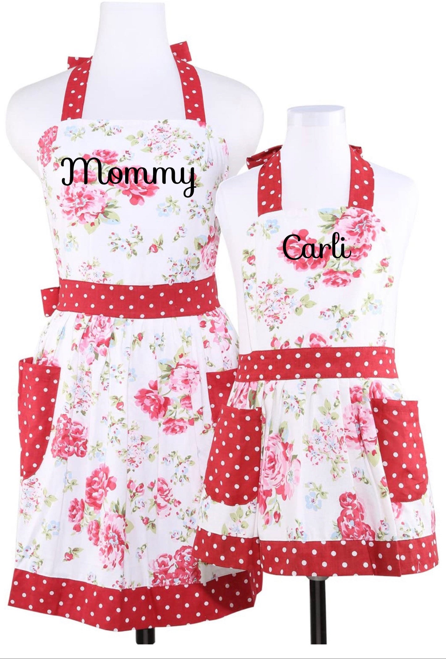 Red Floral Handmade Apron Set for Tween Girl and Adult Personalized  Matching Mom and Me Gift Mother's Day Mommy and Daughter Aprons 