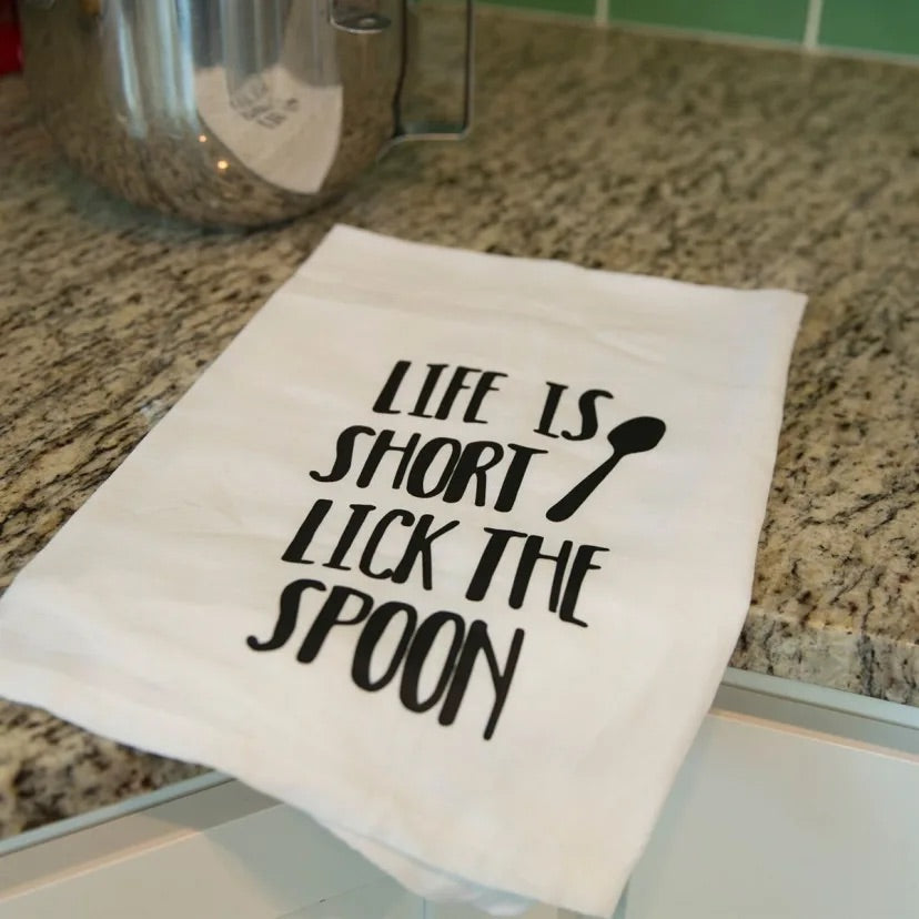 Funny tea towel, Life is short lick the spoon, personalized new home gift, tea towels, new home owners gift, personalized tea towel, monogrammed tea towel